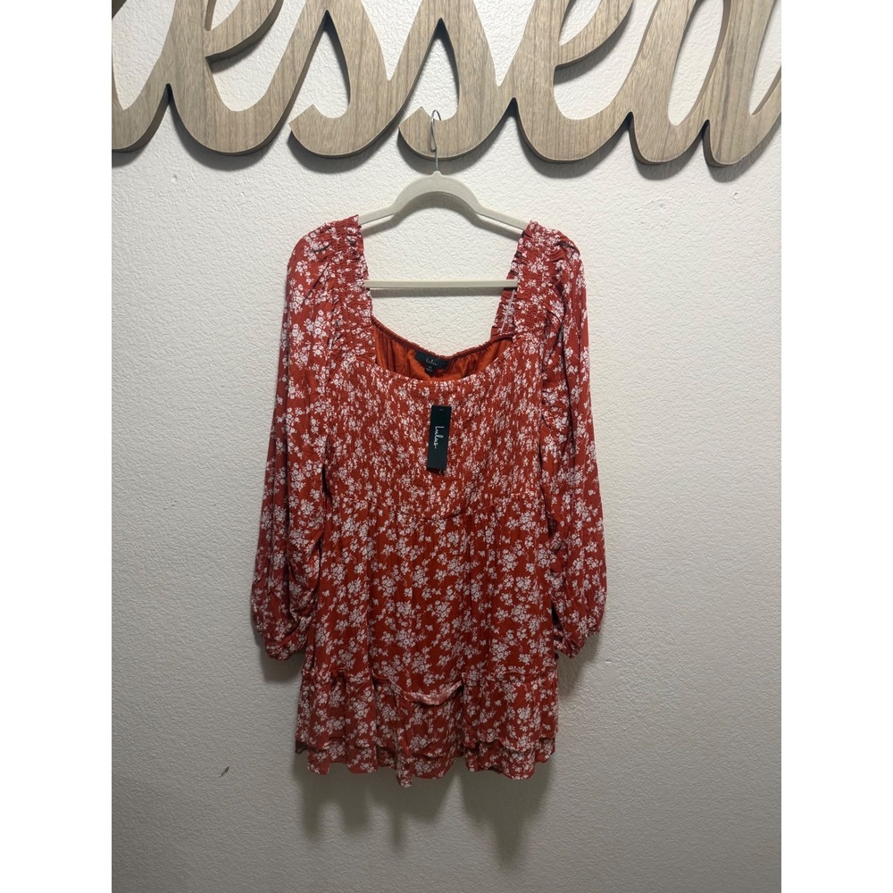 Lulus Rust Orange Floral Smocked Long Sleeve Mini‎ Dress Womens XLCottagecore
